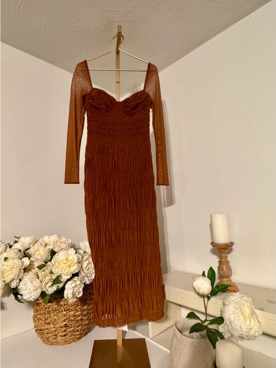 Self-Portrait Dresses & Skirts - Self-Portrait Rust Brown Ruched Mesh Midi Dress
